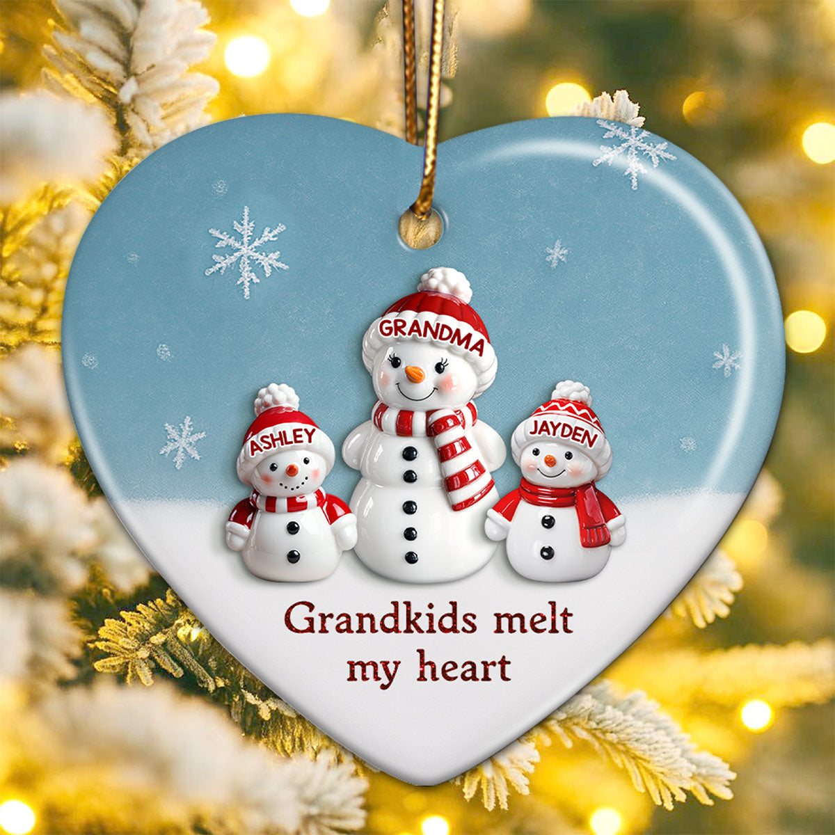 3D Effect Snowman Grandma & Grandkids - Personalized Ceramic Ornament - Christmas Gift For Grandchildren, Grandma