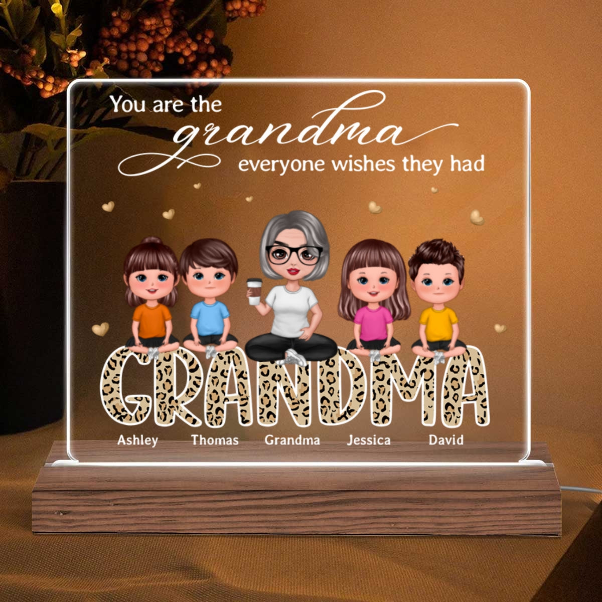 The Grandma Everyone Wishes They Had Doll Grandma Grandkids Sitting On Leopard Pattern Word Personalized Custom Shape Acrylic Plaque LED Night Light