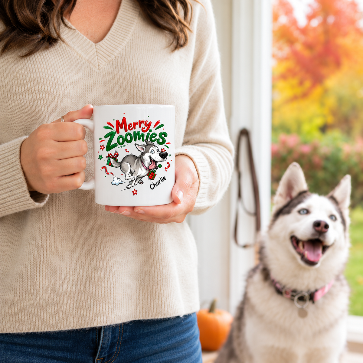 Merry Zoomies Quirky Dog Portrait From Your Custom Pet Photo - Personalized Mug - Funny Christmas Gift For Dog Lover