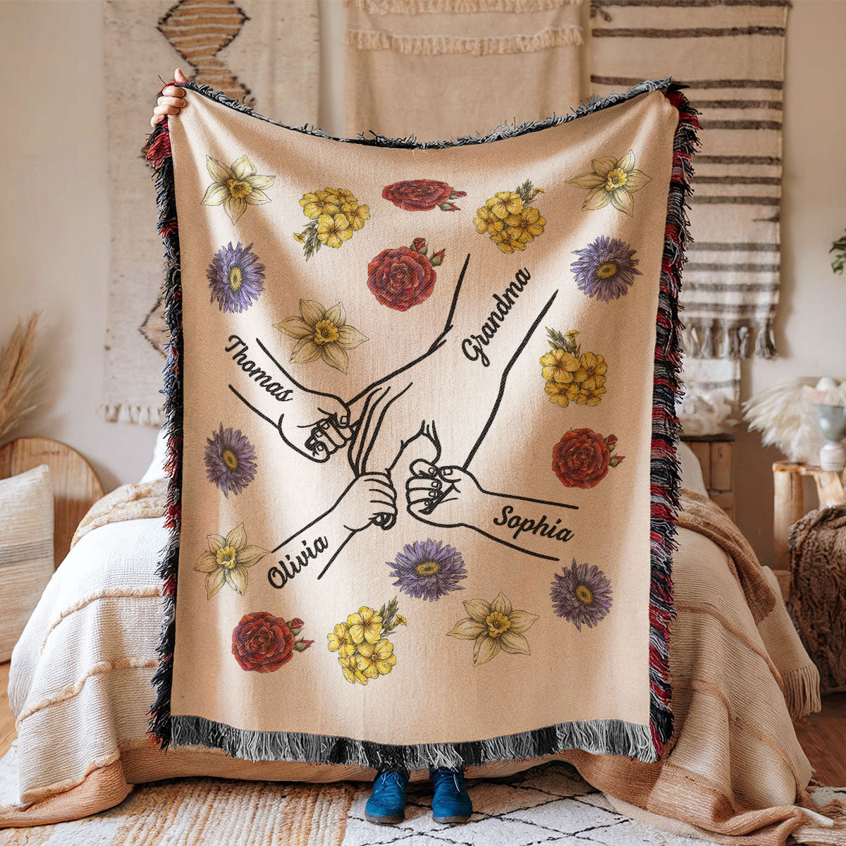 Birth Month Flower Grandma Mom And Kids Holding Hands Personalized Tapestry Woven Blanket