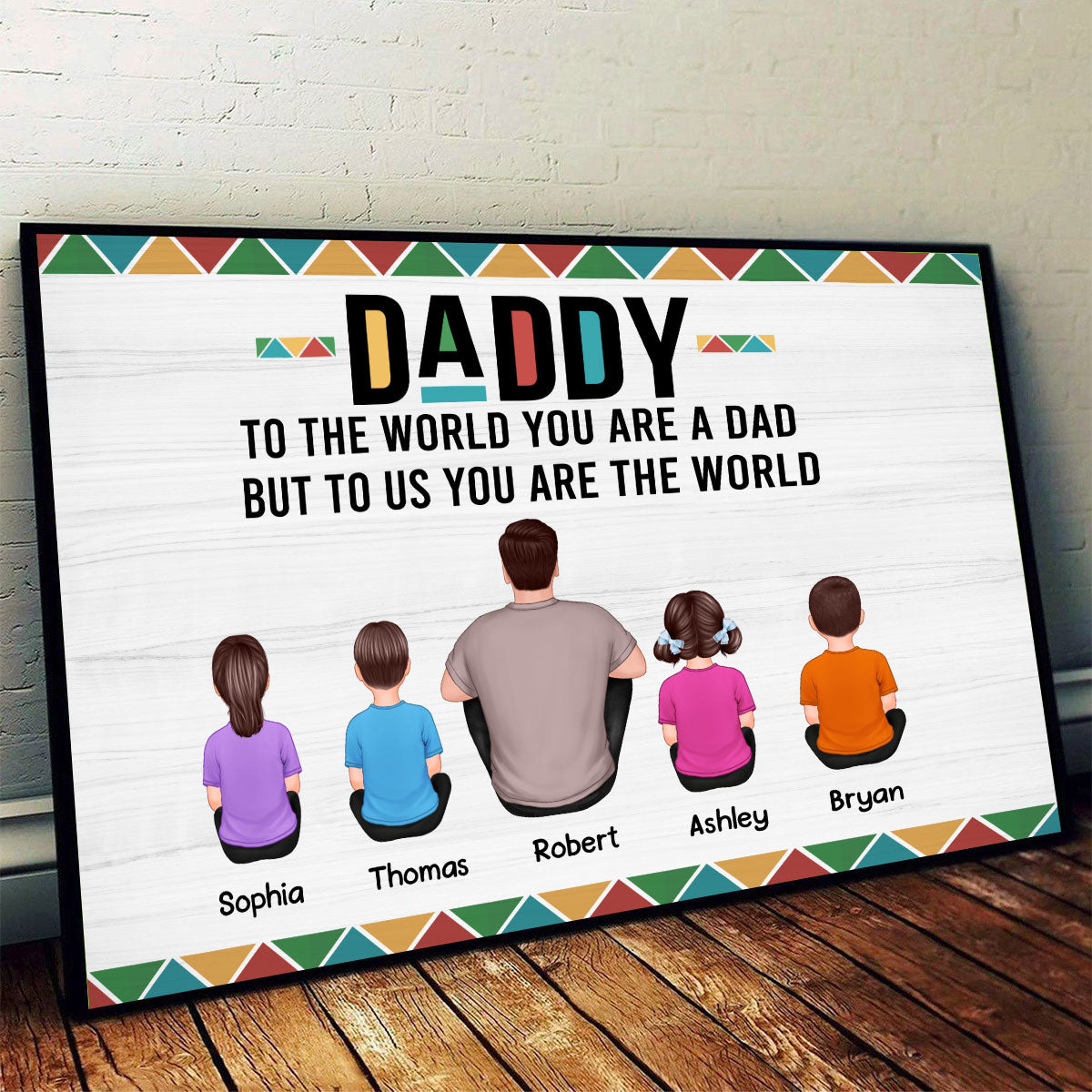 Dope Black Dad Colorful Pattern Man & Kids Sitting Back View Personalized Horizontal Poster