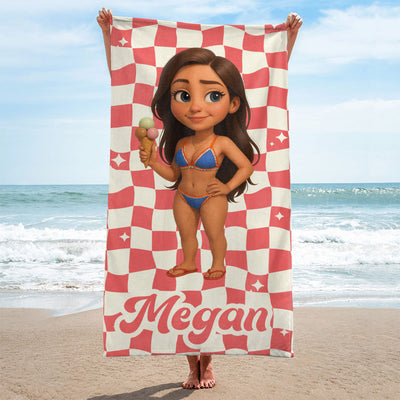 Personalized Beach Towel, Customized Vans Checker Pattern in Retro style, Bachelorette Party, Girls Beach Trip