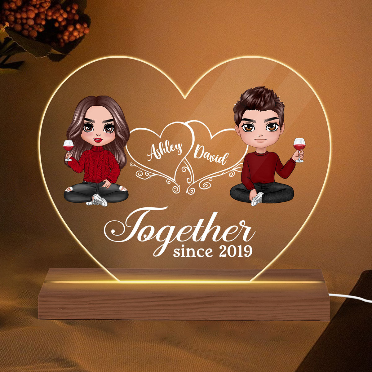 Hearts Doll Couple Sitting Gift For Him Gift For Her Personalized Custom Shape Acrylic Plaque With LED Night Light