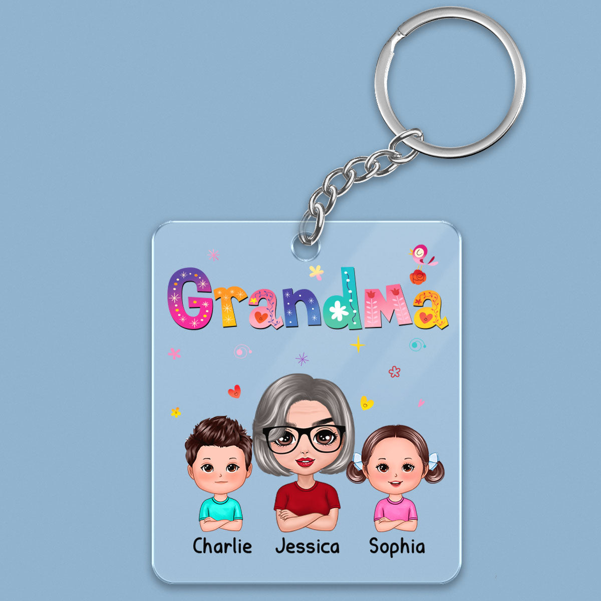 Colorful Floral Pattern Grandma Mom Auntie With Kids Personalized Acrylic Keychain