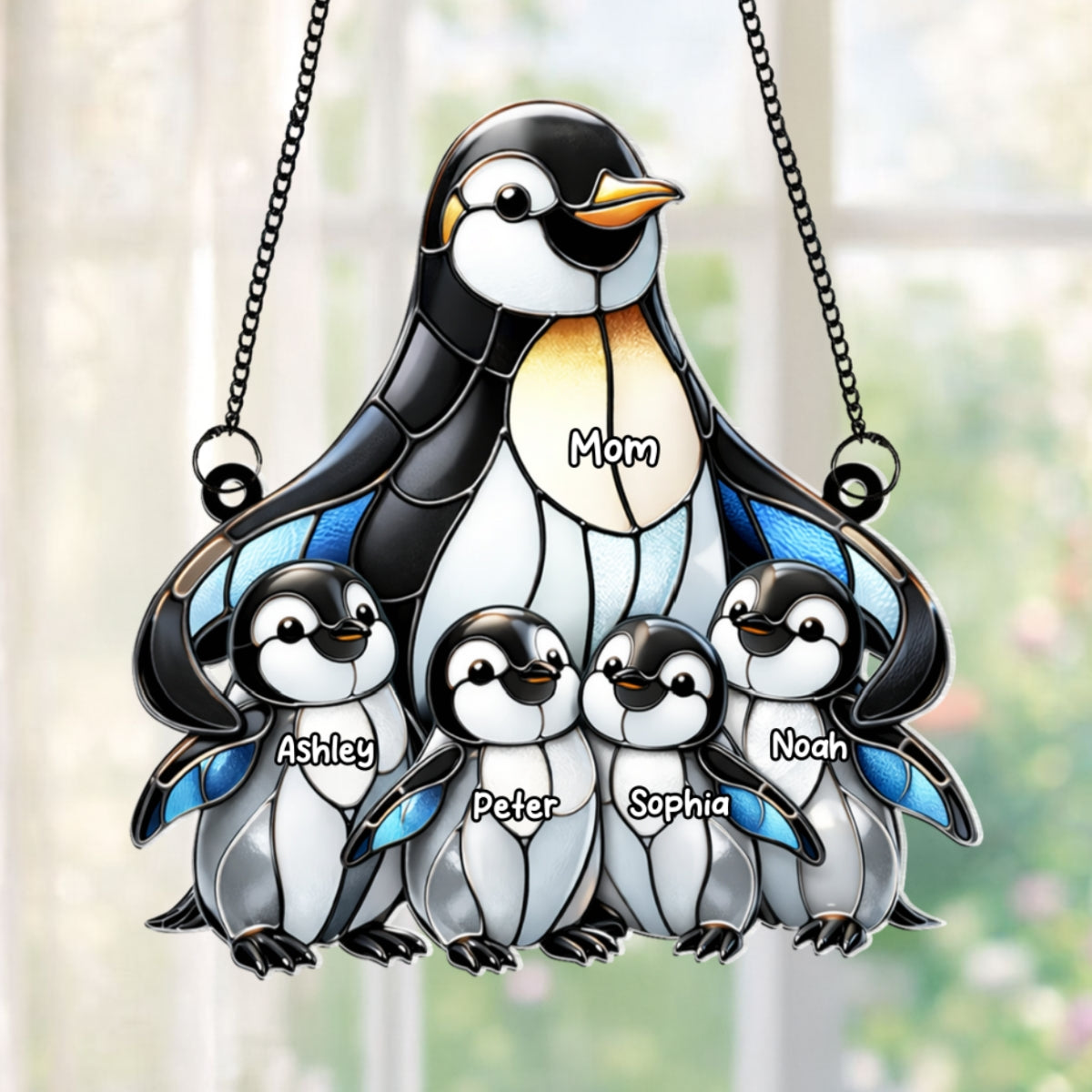 Penguin Mom and Kids - Personalized Acrylic Window Hanging - Mother's Day Gift for Mom, Wife