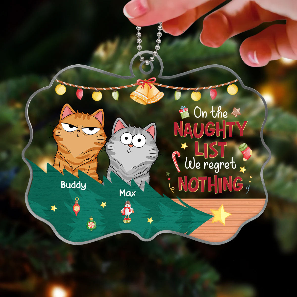 Christmas Fluffy Cat Funny Expressions On The Naughty List Regret Nothing Personalized Acrylic Ornament