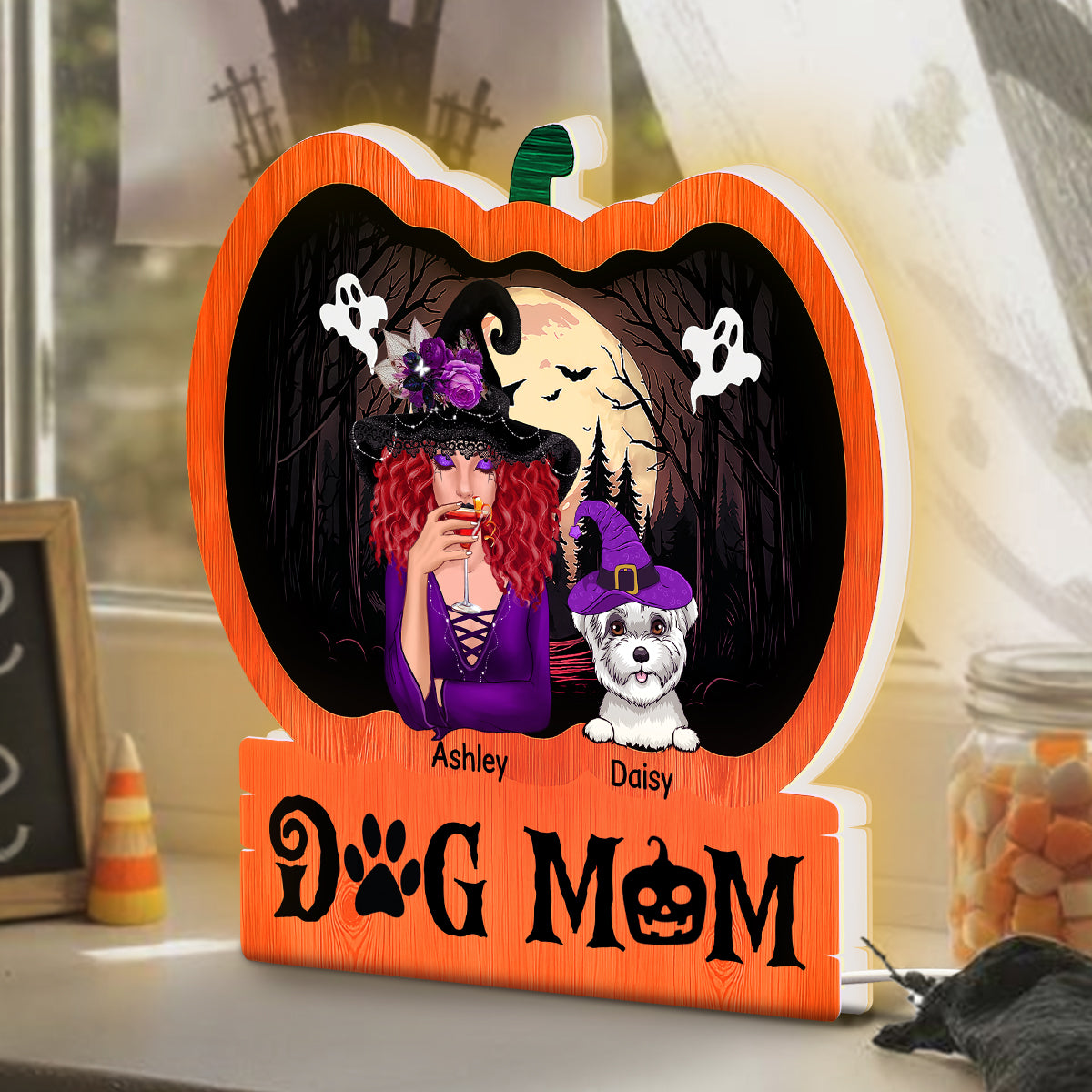 Halloween Dog Mom Personalized Light Box With 7 LED Colors, Spooky Halloween Decoration