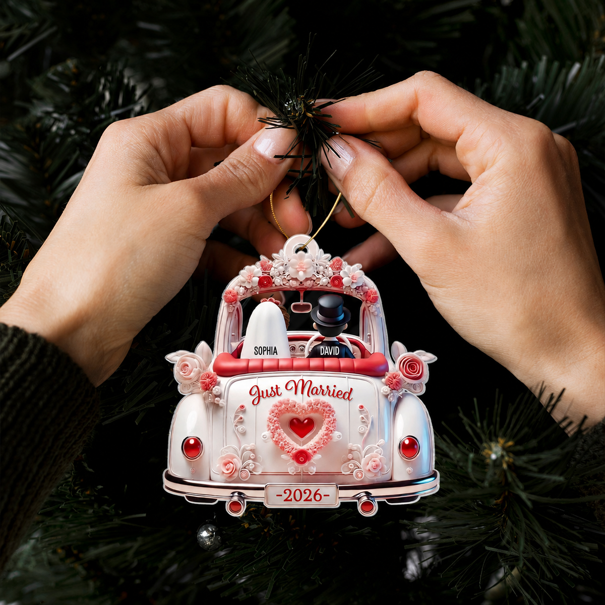 First Christmas Married Couple In Wedding Car Personalized Acrylic Ornament, Unique Christmas Gift For Newlyweds