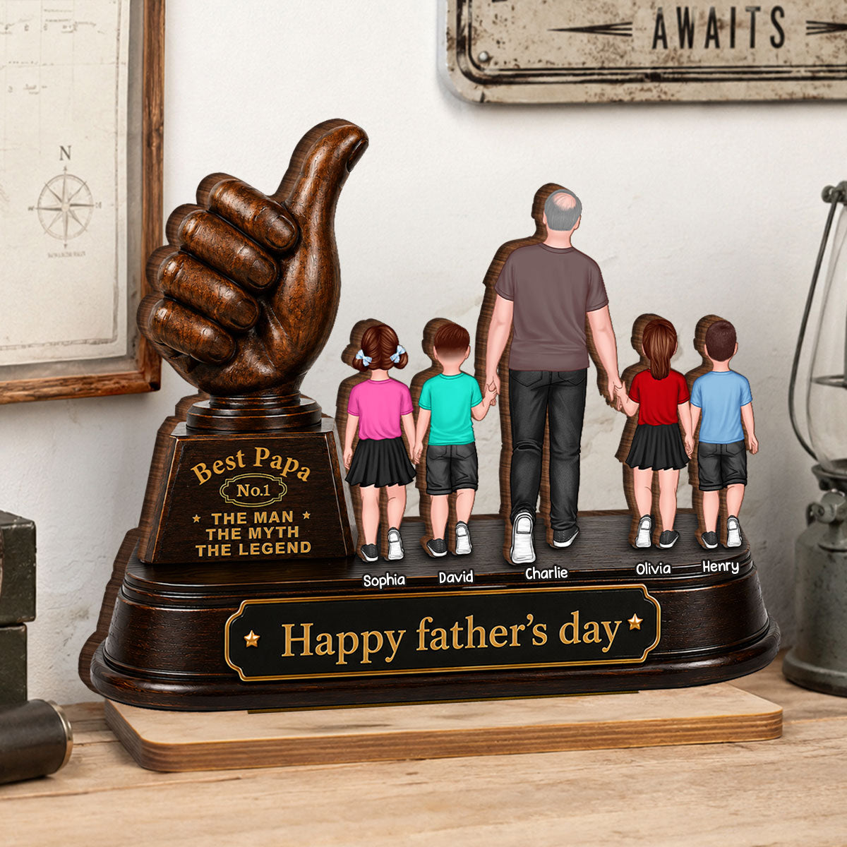 No. 1 Dad Grandpa Trophy - Personalized 2-Layered Wooden Plaque - Father's Day Gift for Dad, Husband