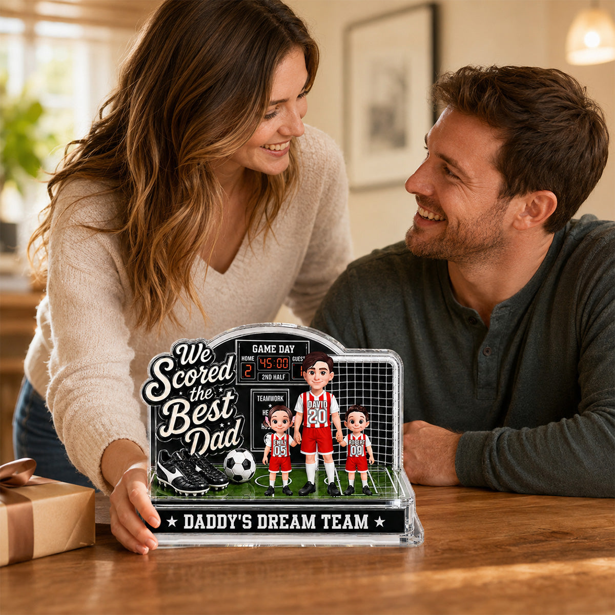 Soccer Dad & Kids On Court 2D Flat - Personalized Acrylic Block Plaque - Father's Day Gift For Soccer Dad, UK Football Dad