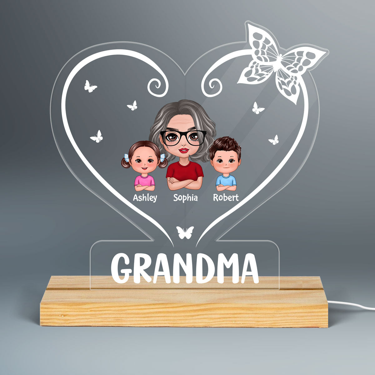 Doll Grandma Grandkids Heart Butterfly Personalized Custom Shape LED Night Light