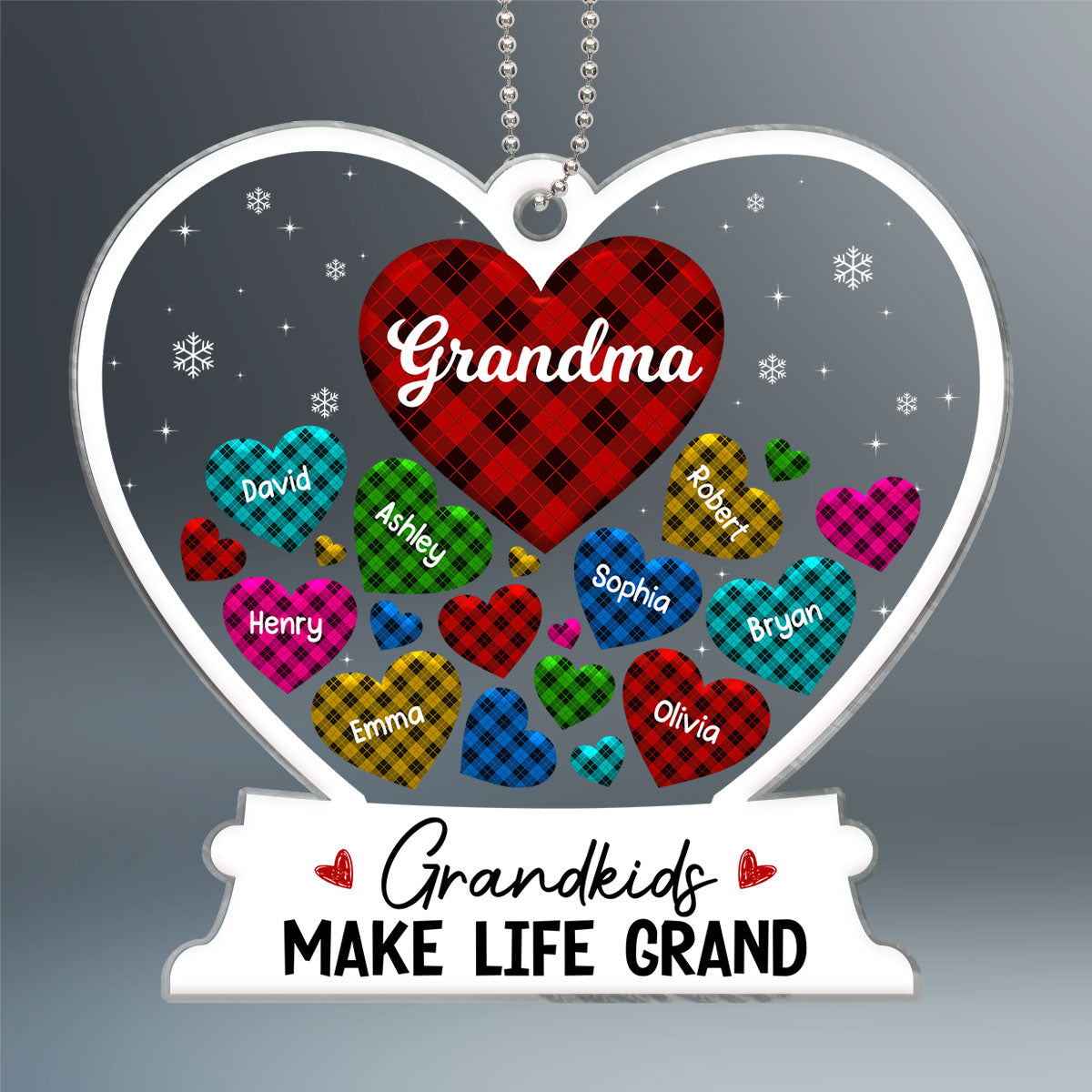 Grandma Hearts In Hearts Kids Names Christmas Buffalo Plaid Patterns Personalized Acrylic Ornament