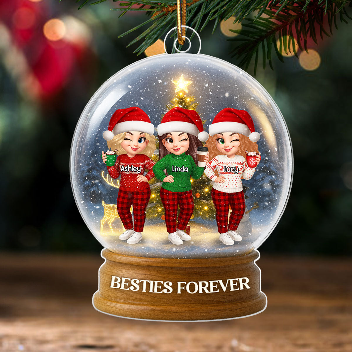 Christmas Besties Sisters In Crystal Snow Globe 3D Effect Personalized Acrylic Ornament