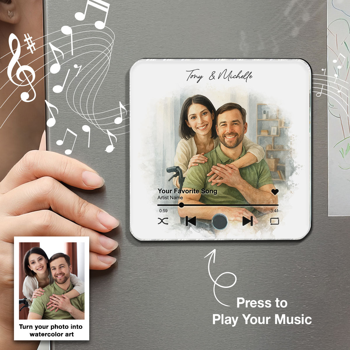 Custom Couple Watercolor Portrait from Photo Personalized Music Fridge Magnet, Gift for him, Gift for her