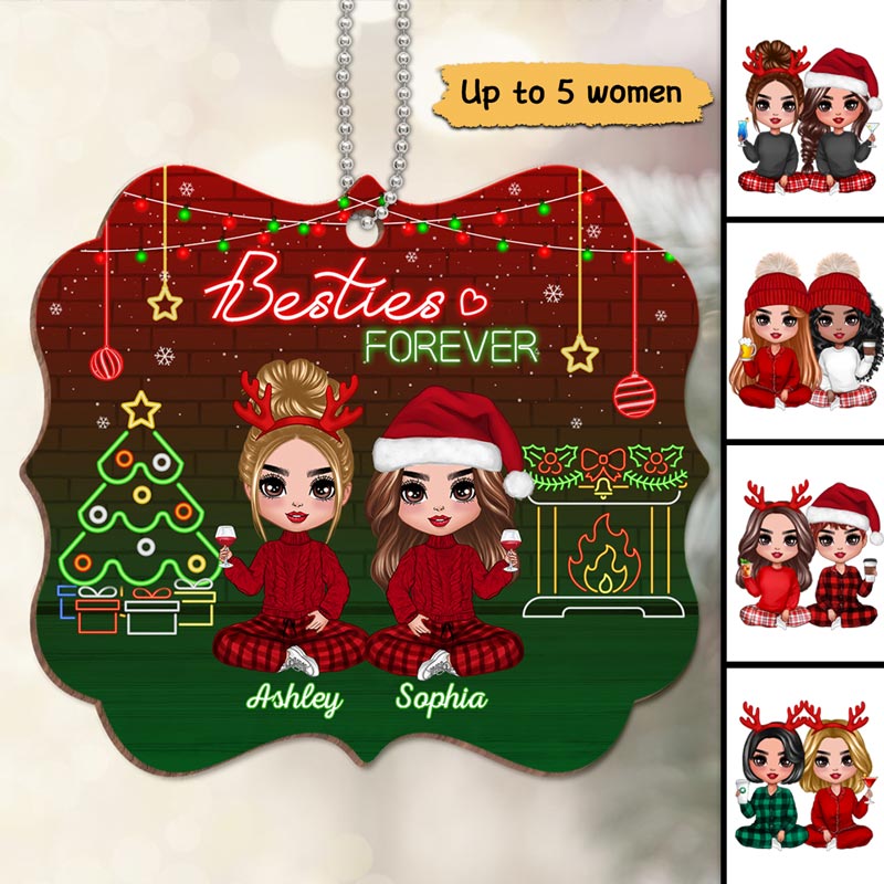 Doll Besties Sisters Neon Christmas Personalized Wooden Ornament