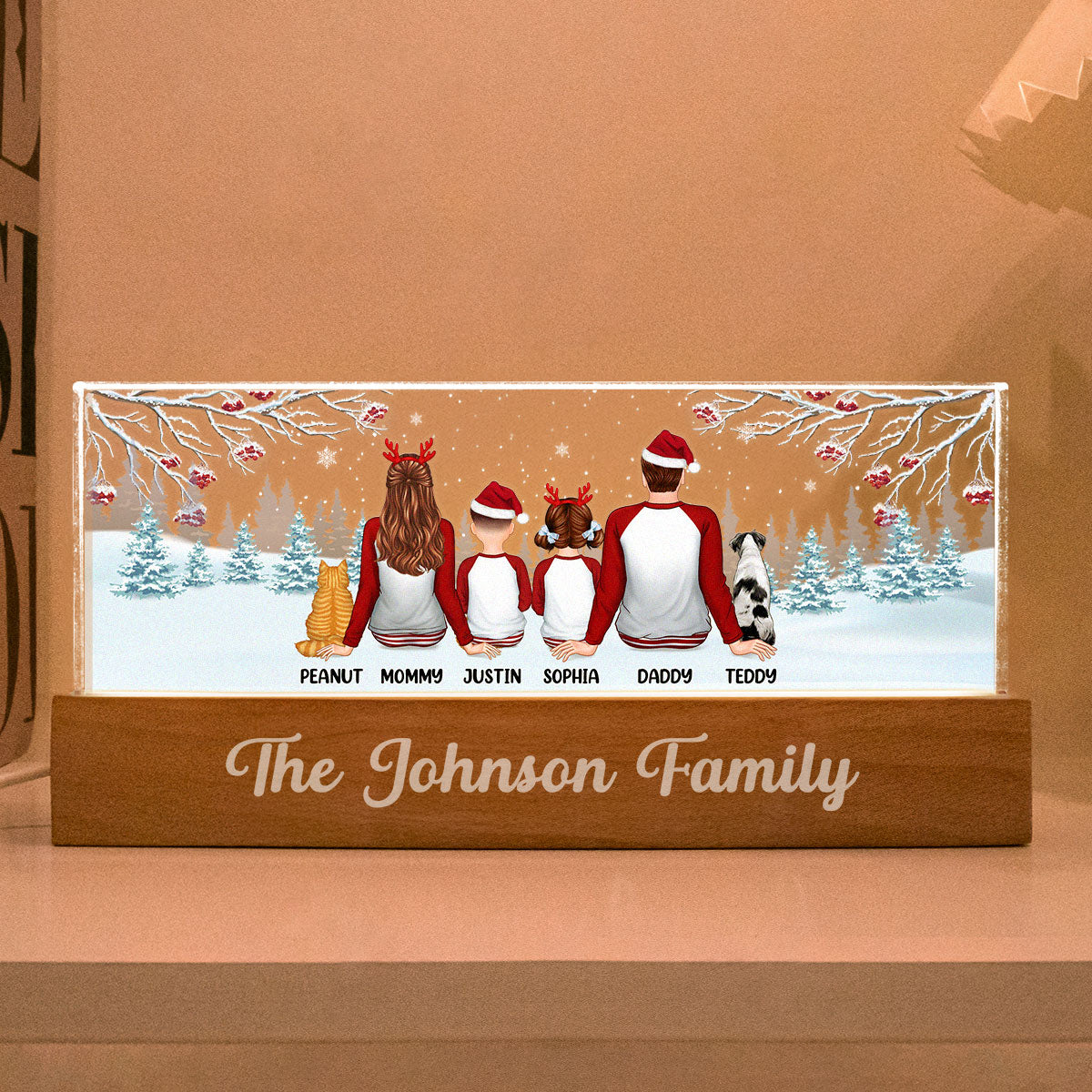 Family Back View Pajamas In Snow Personalized Acrylic Block LED Night Light
