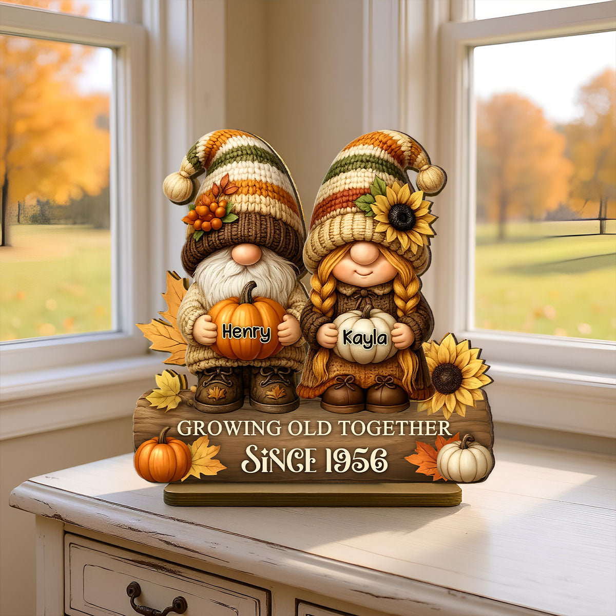 Gnome Couple Growing Old Together Personalized Standing Wooden Plaque, Fall Decor for Couple