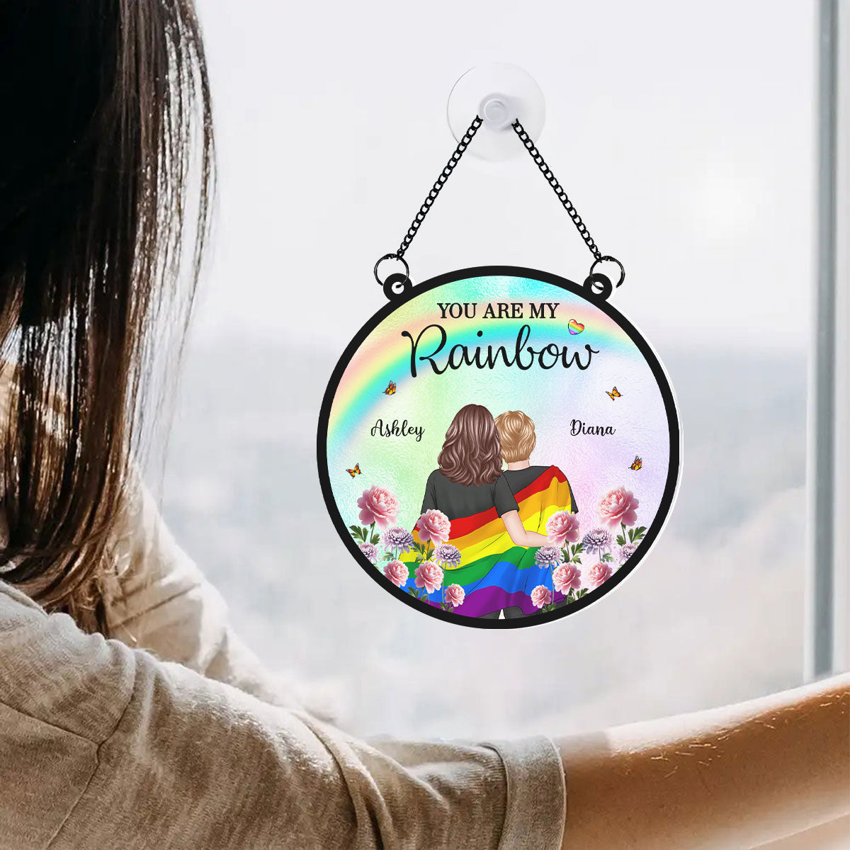 Pride Month LGBT Couple Birth Month Flowers Personalized Suncatcher, Gift For Couple
