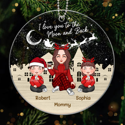 Love To The Moon Grandma Grandkids Sitting In The Snow Night Personalized Acrylic Keychain