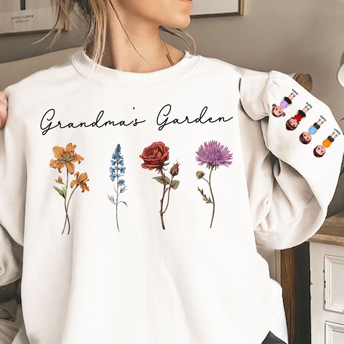 Grandma's Garden Kids On Sleeve, Custom Birthflower Sweatshirt, Gift for Grandma, Love Grows Here, Mom's Garden, Gift, Personalized Sleeve Printed Sweatshirt