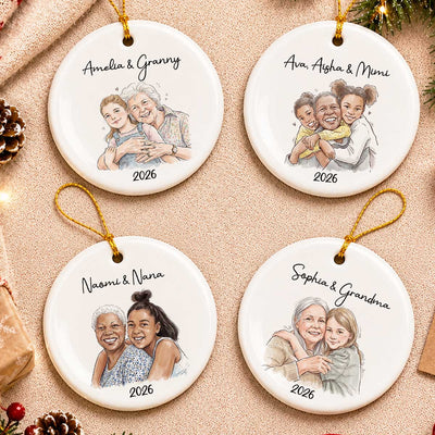 Custom Photo Grandma Grandkid Watercolor Style - Personalized Ceramic Ornament - Christmas Gift For Grandkids, Grandma