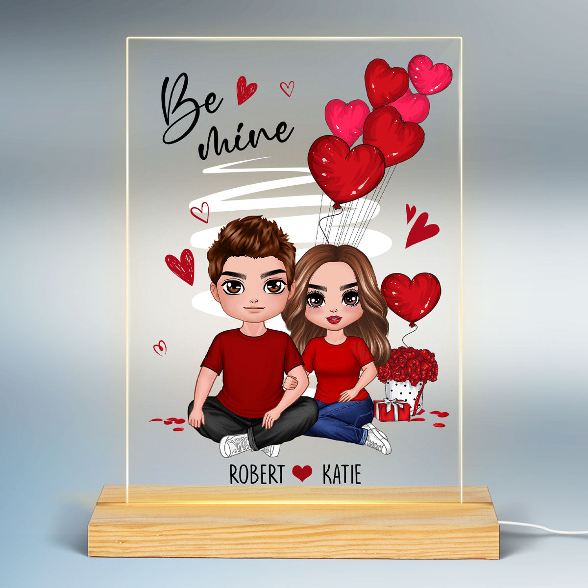 Be Mine Embracing Doll Couple Personalized Plaque Led Nigh Light - Gift For Him Gift For Her