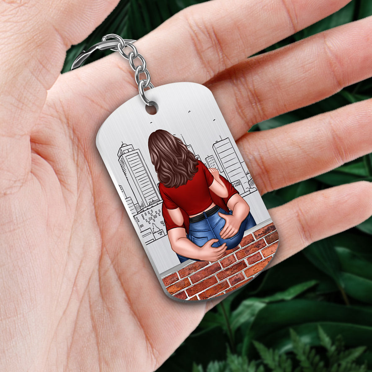 Man Holding Woman Back View Favorite Song QR Code Personalized Metal Keychain