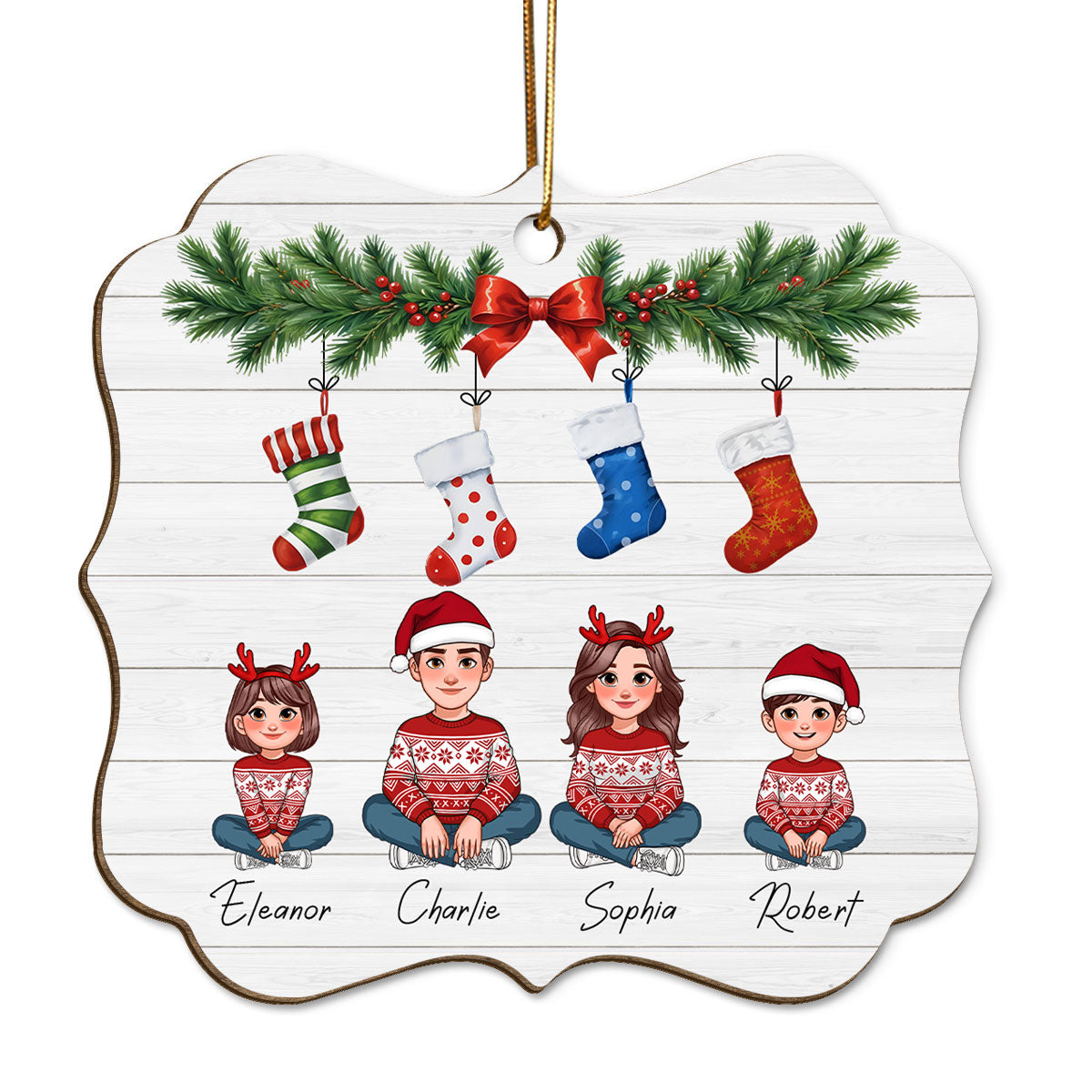 Animated Family Christmas Stockings Personalized Wooden Ornament