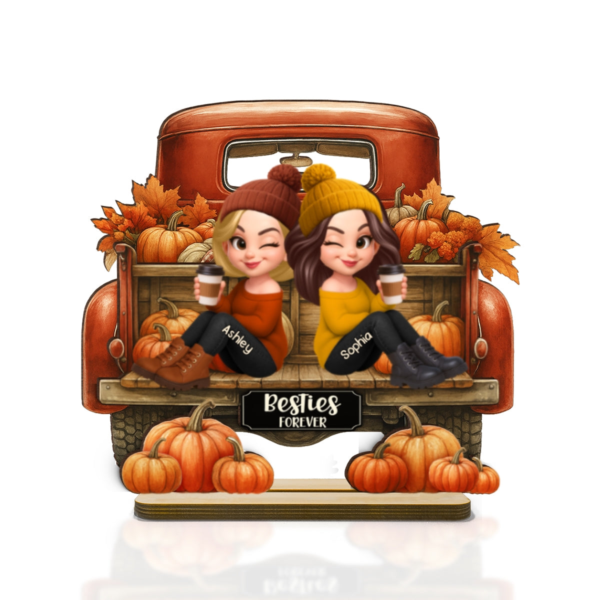 Besties Sitting on Fall Truck Personalized Standing Wooden Plaque, Cozy Fall Decor, Fall Gift for Best Friends