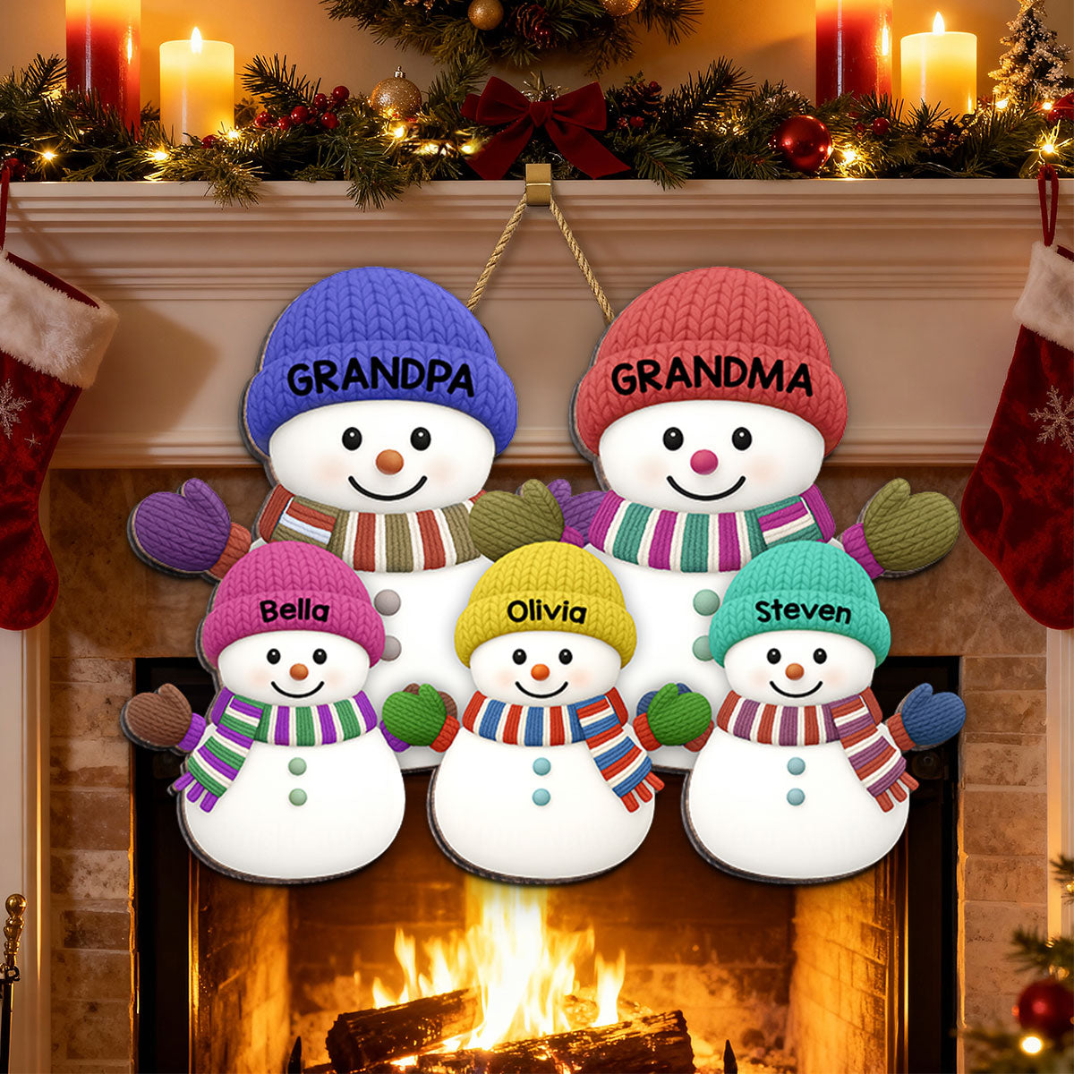 Christmas Grandma Grandpa And Grandkids Snowman Together - Personalized Wood Sign