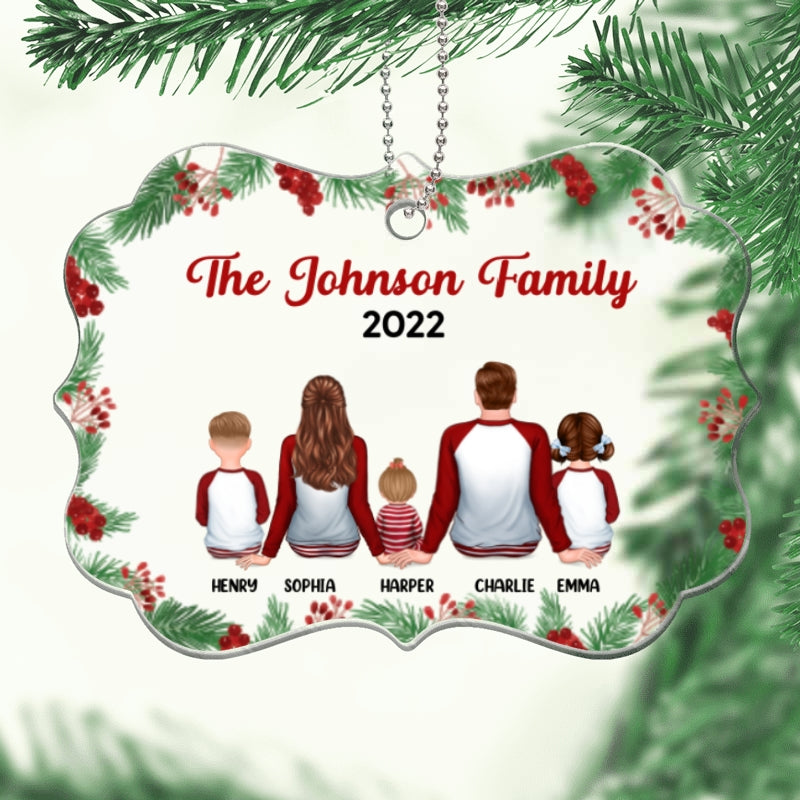Holly Branch Pajamas Family Sitting Personalized Acrylic Ornament