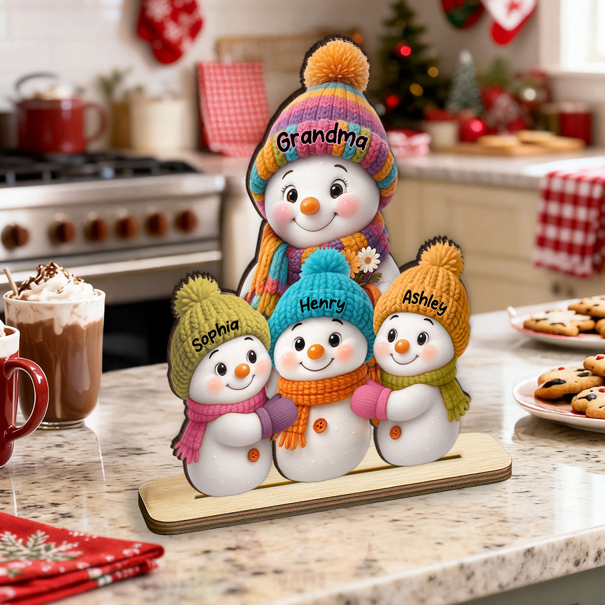 Snowman Grandma and Grandkids - Personalized Wooden Plaque - Fireplace Decor, Christmas Table Centerpiece