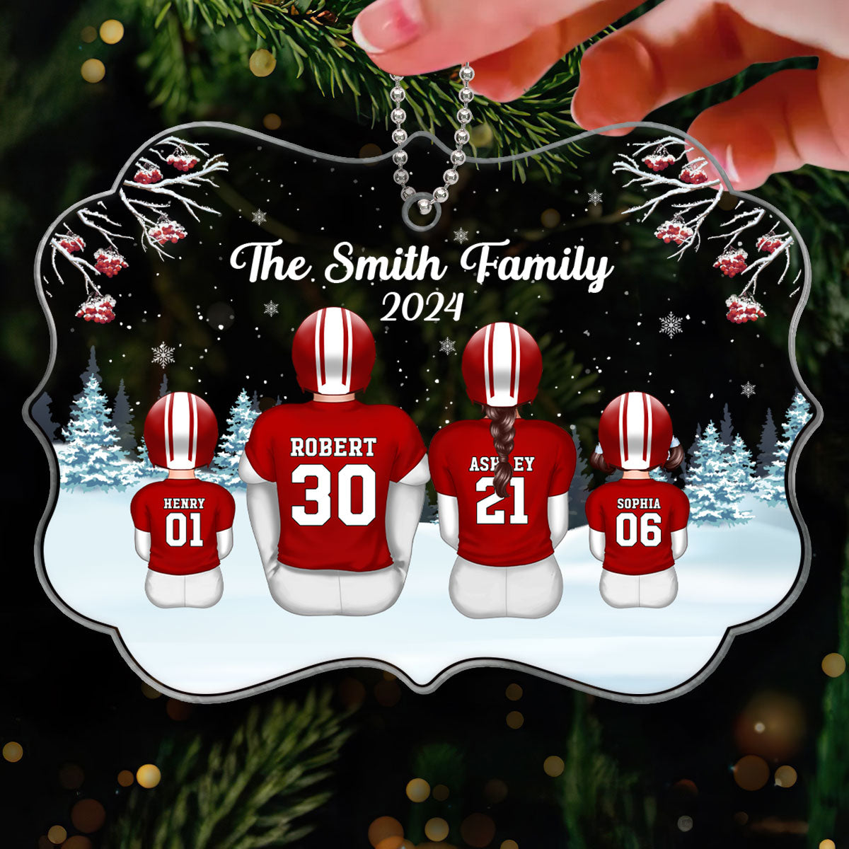 Football Family Sitting In Snow Personalized Acrylic Ornament, Christmas Gift