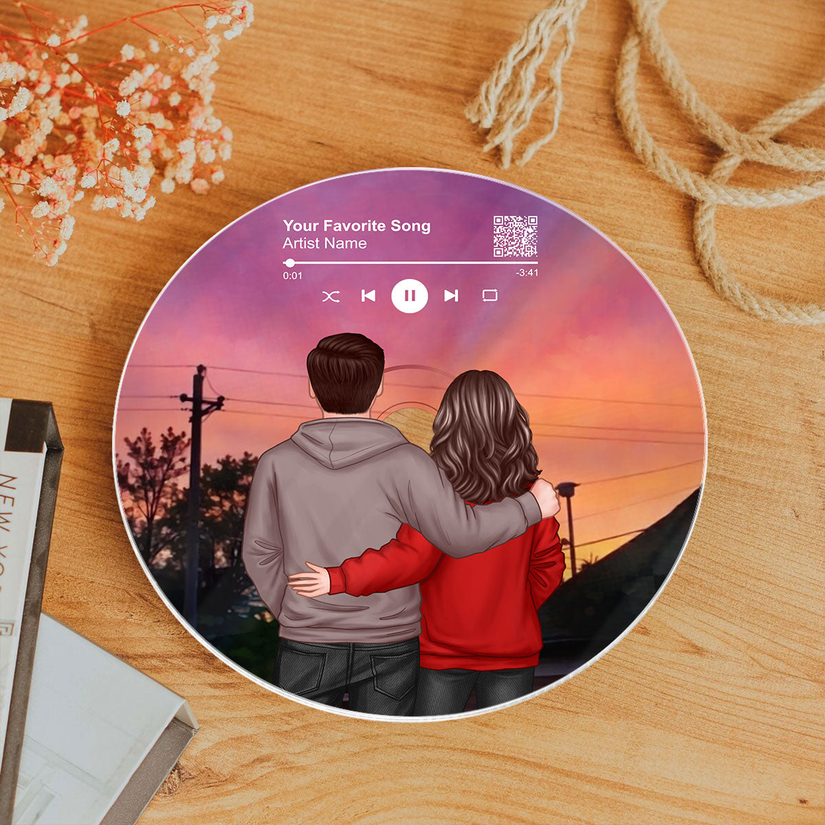 Couple Back View In the Sunset Custom Vinyl Record Acrylic Song Plaque, Scannable QR Code, Personalized Birthday, Anniversary Gift for her and for him