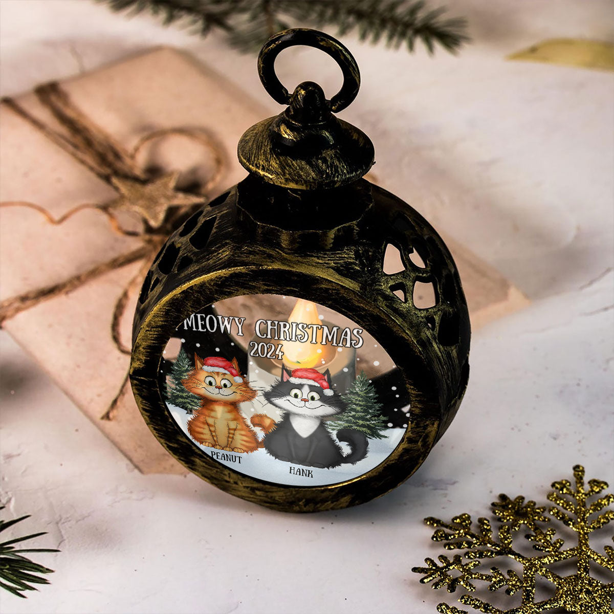 Meowy Christmas Winter Realistic Theme Quirky Cats Personalized Lantern Ornament