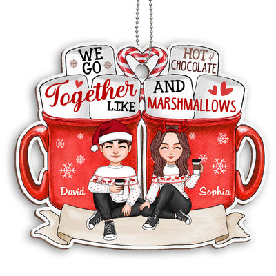 Cute Couple Sitting Hot Chocolate Personalized Wooden Ornament