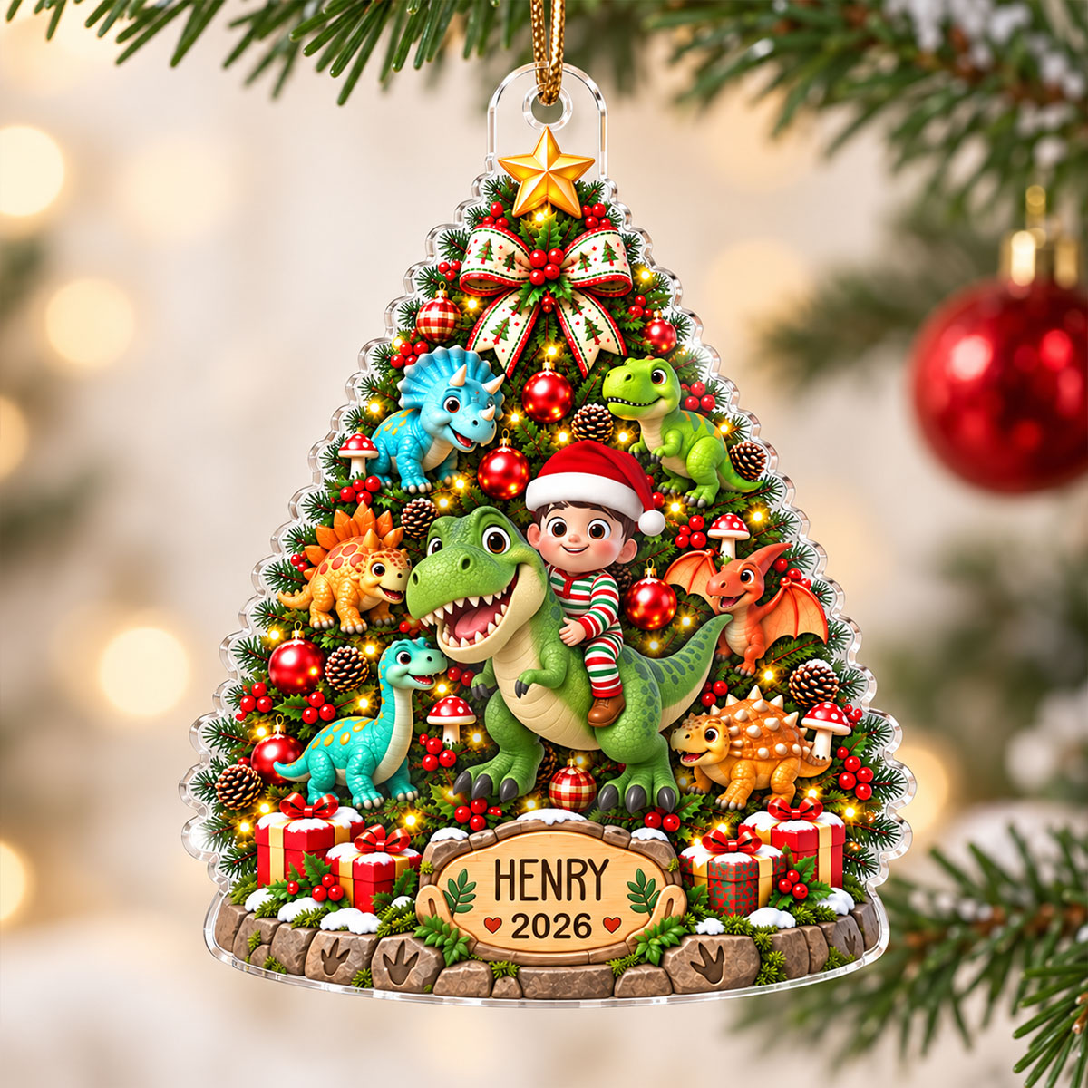 Cute Kid Riding Dinosaur Christmas Tree 2D Flat – Personalized Acrylic Ornament – Christmas Gift For Kids, Dinosaur Lovers