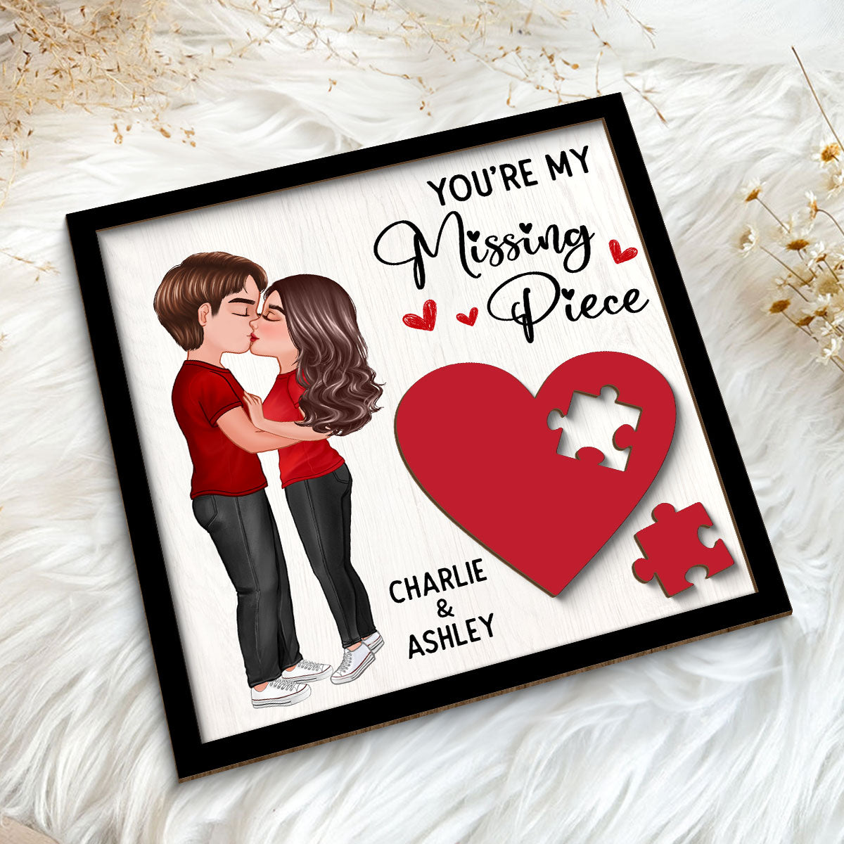 Couple Kissing Standing Red Heart Puzzle Personalized 2-layer Wooden Plaque, Valentine‘s Day Gift For Him, For Her