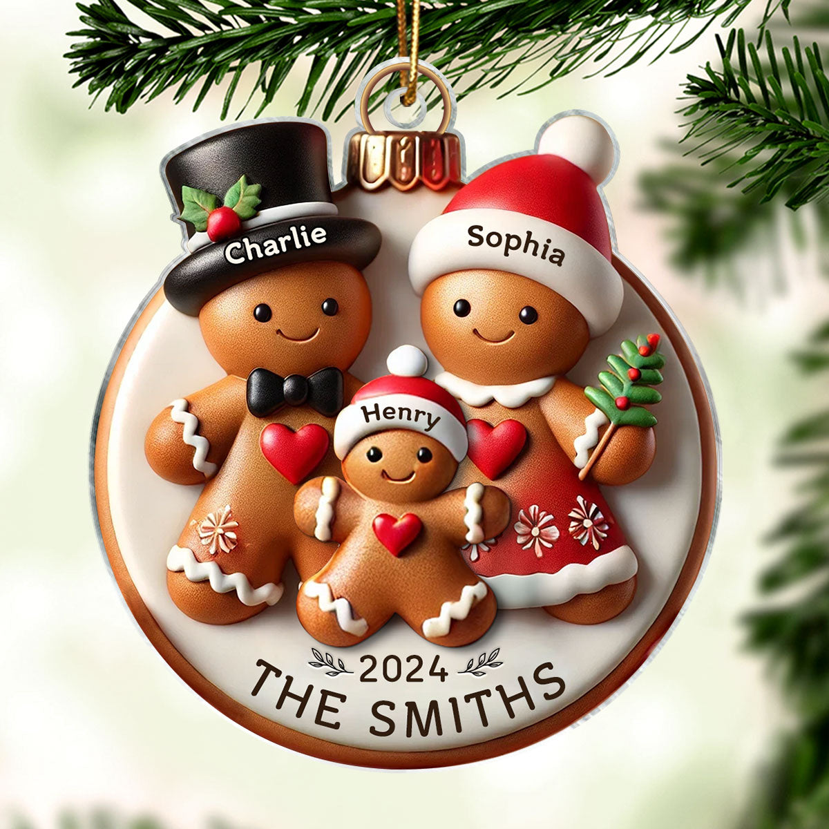 Gingerbread Family On Bread 3D Effect Merry Christmas Personalized Acrylic Ornament
