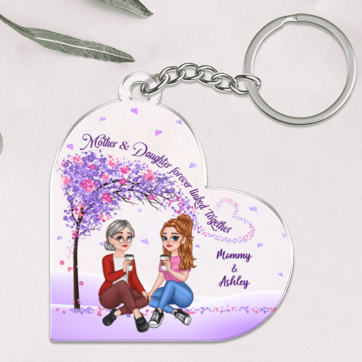 Pretty Cartoon Mom Daughter Sitting Under Purple Tree Personalized Acrylic Keychain