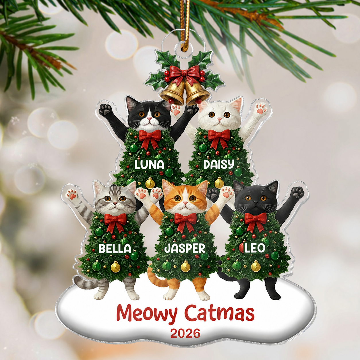 Whimsical Cat Christmas Tree - Personalized Acrylic Ornament - Gift For Cat Lover