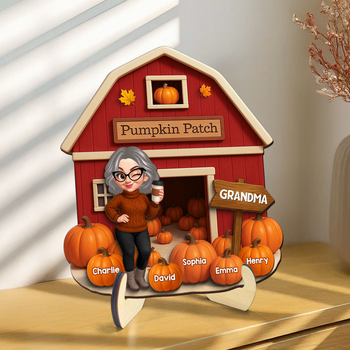 Grandma Mom Fall Season Pumpkin Patch Farm Barn Personalized 2-Layer Wooden Plaque