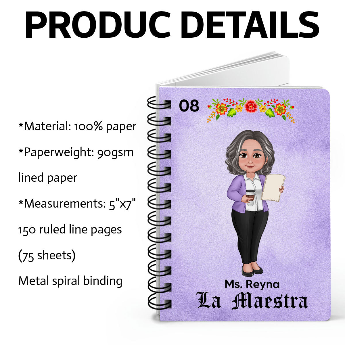 Teacher La Maestra Personalized Spiral Notebook Journal, Back To School Stationery
