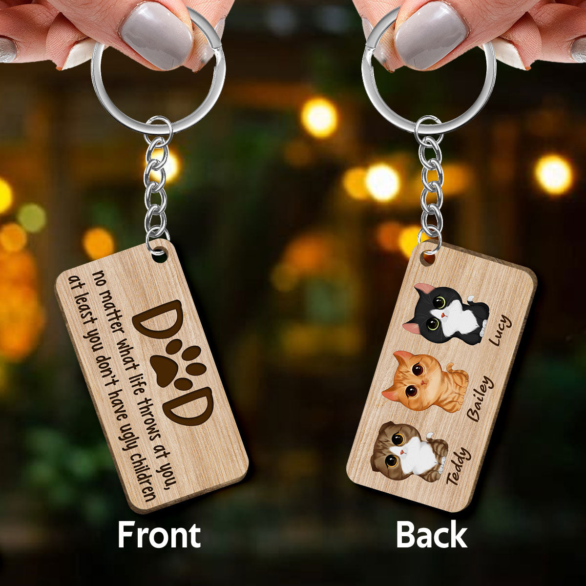 Cat Dad No Matter Life Throws At You Funny Gift Personalized Wooden Keychain