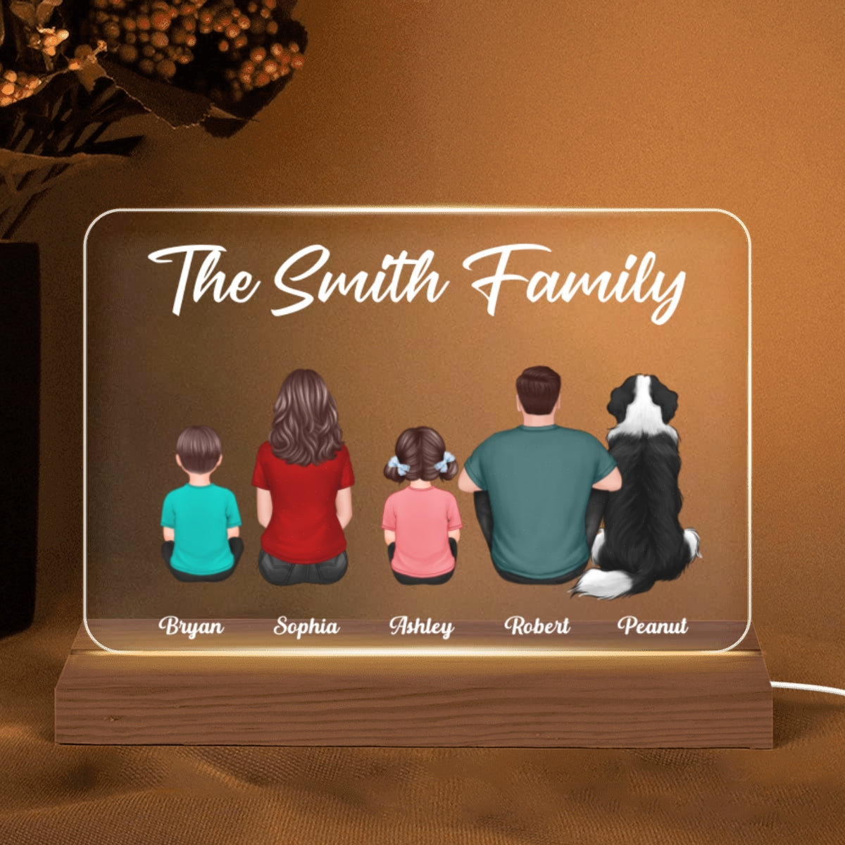 Whole Back View Family Couple Dad Mom Kids Dogs Cats Sitting Personalized Warm Custom Shape Acrylic Plaque LED Night Light