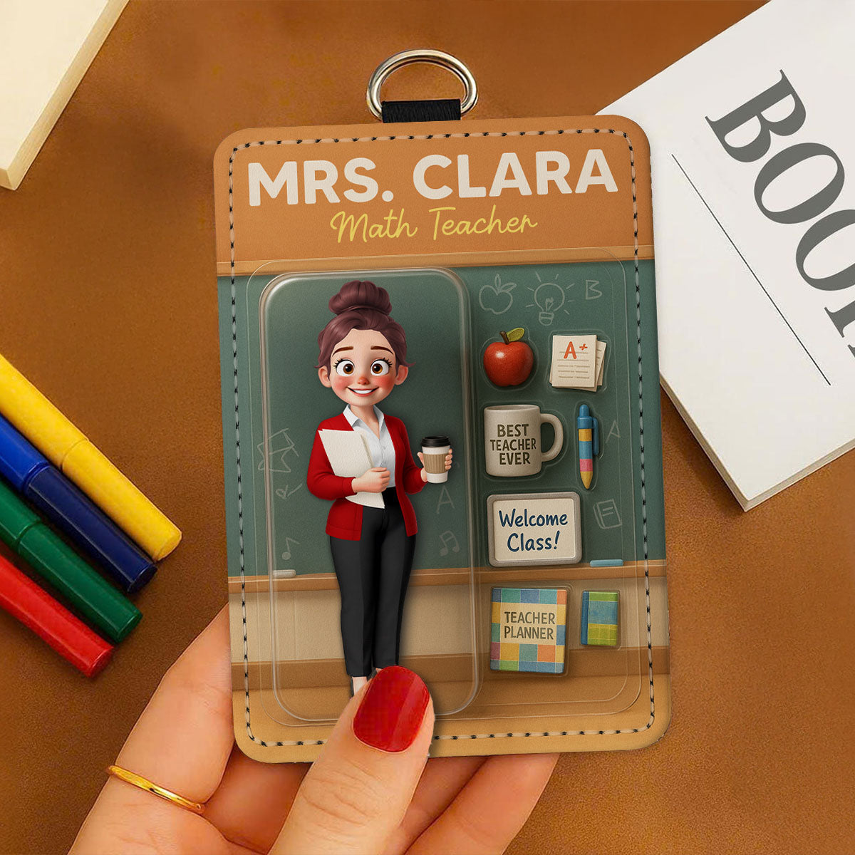 3D Effect Teacher Figure Style Personalized ID Badge Holder, Back To School Gift For Teacher Colleagues