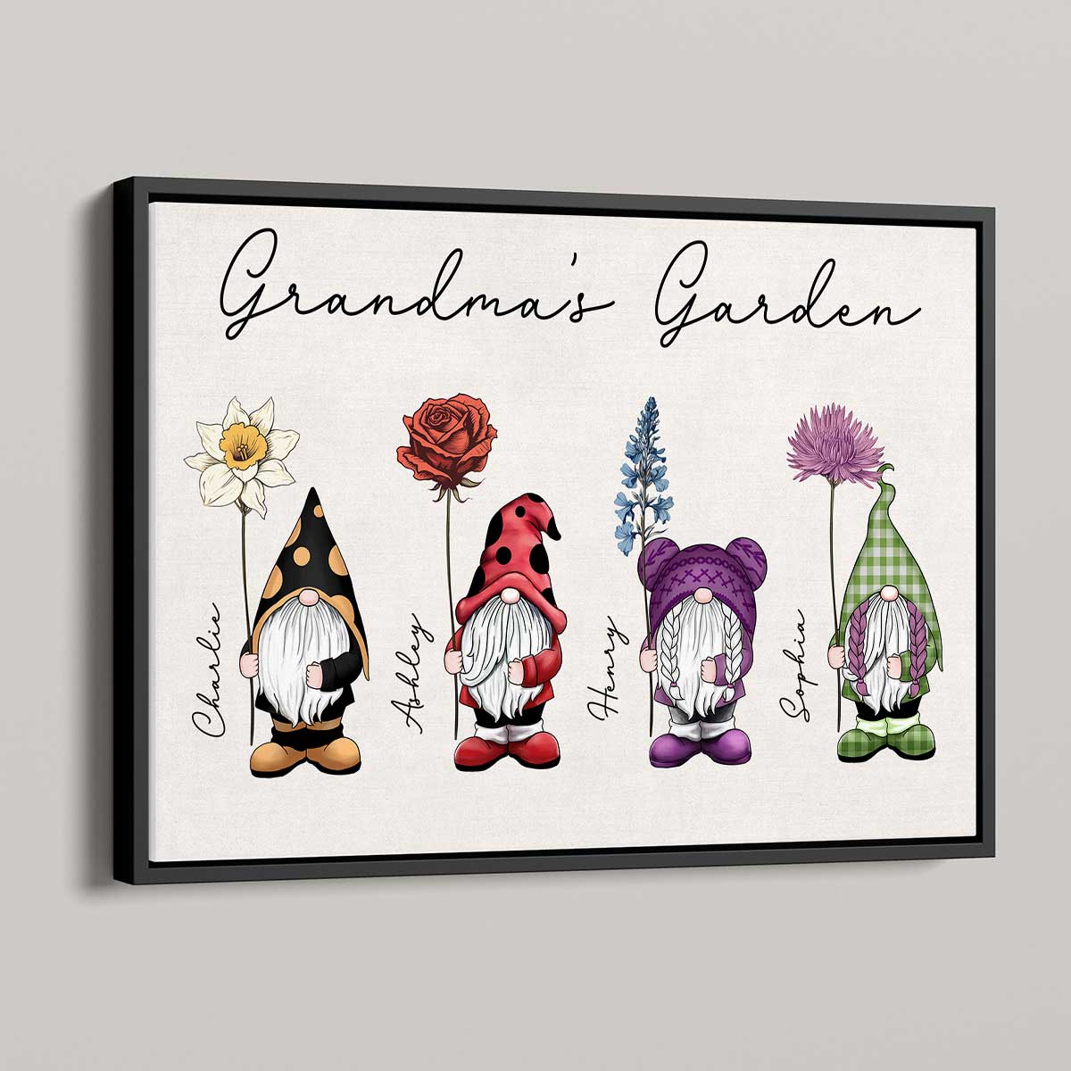 Gift For Grandma Mom Grandma‘s Garden Vintage Birth Flowers Cute Gnomes Personalized Horizontal Poster