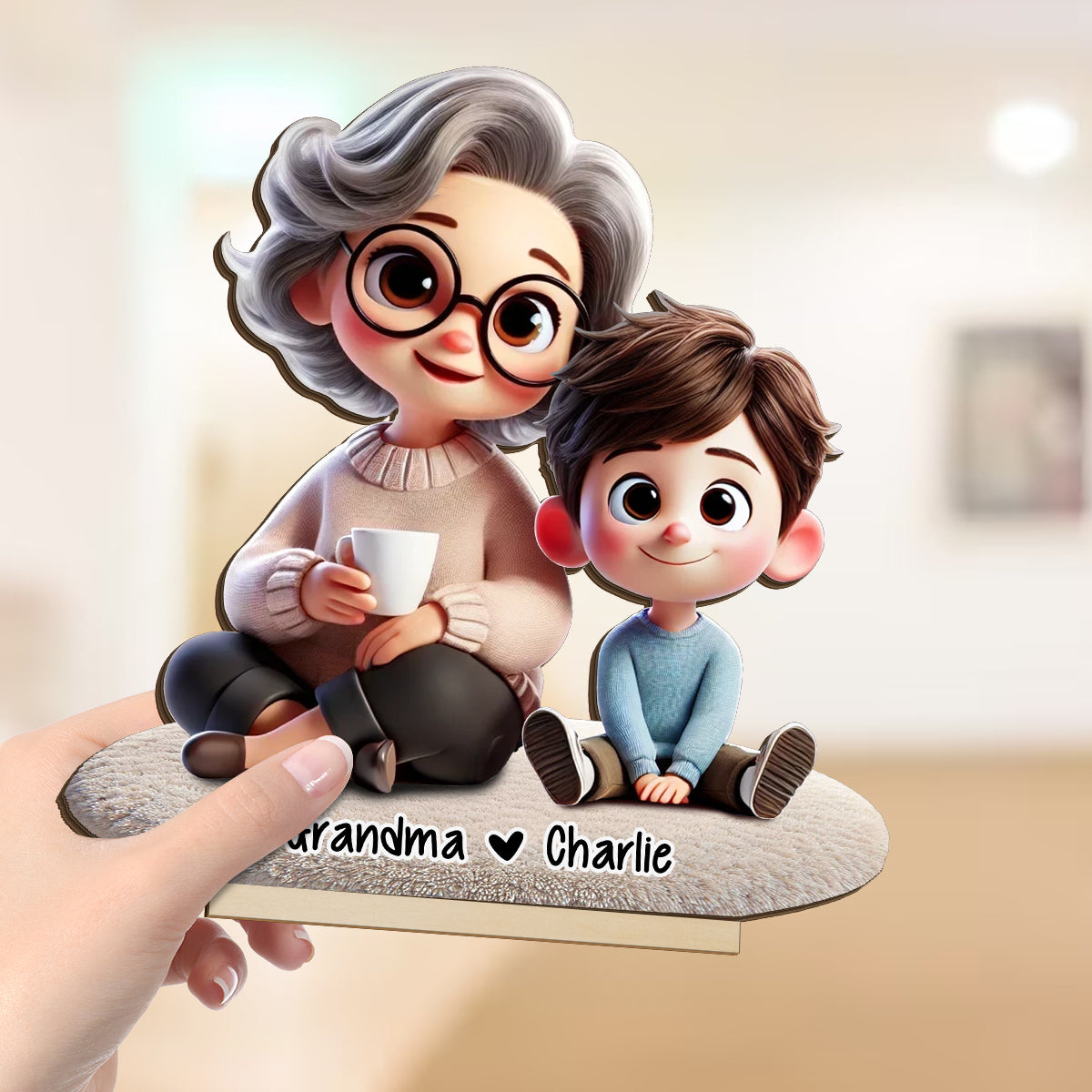 Happy Grandma & Grandkid 3D Personalized Standing Wooden Plaque, Perfect 2025 Gift For Mom, For Grandma