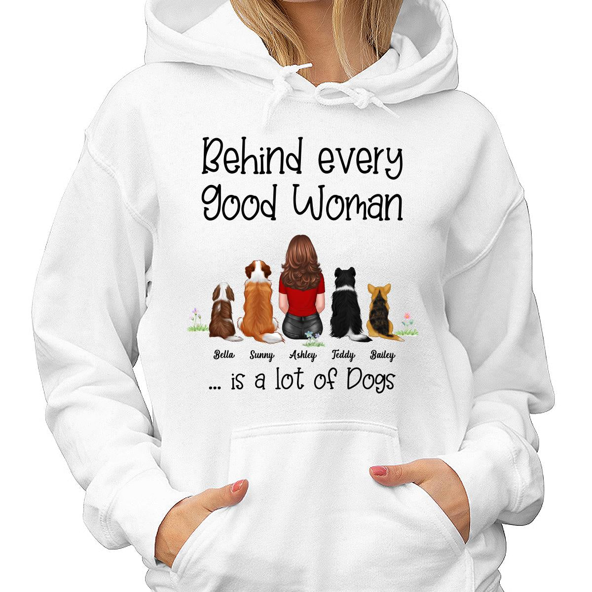 Behind Good Woman Are Dogs Back View Sitting Dog Personalized Light Color Shirt - Gift For Dog Lover