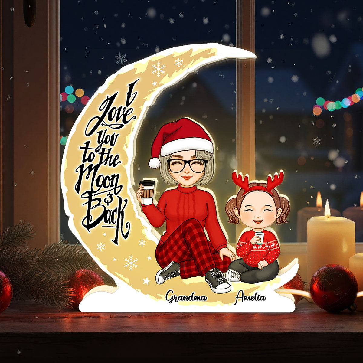 Cute Grandma & Grandkid On Yellow Moon Christmas Gift Personalized Light Box